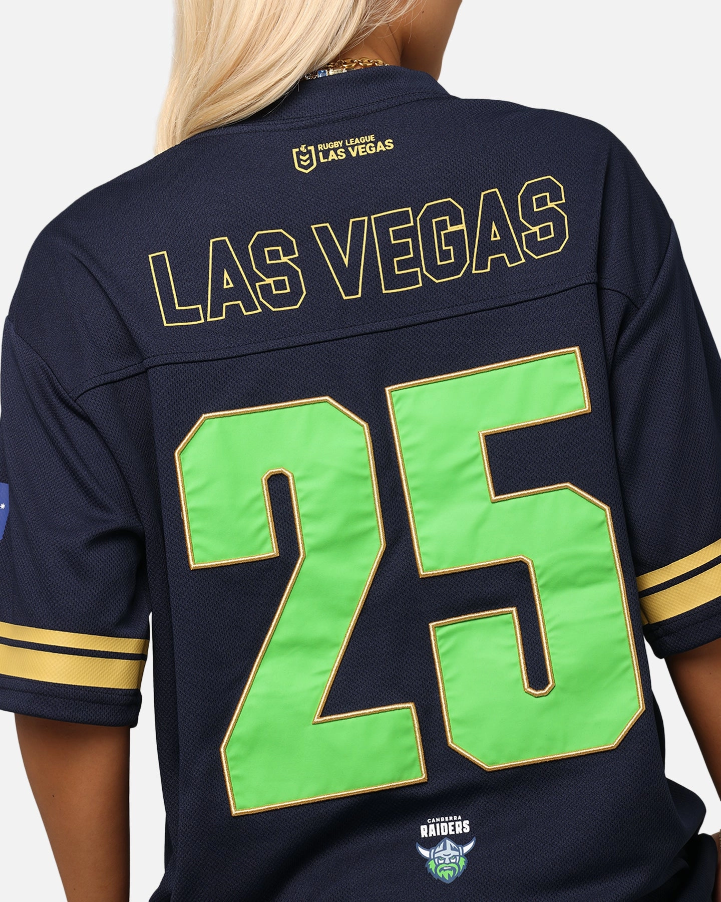 Bleacher Athletic Canberra Raiders NRL 2025 Las Vegas Round Grid Iron T-Shirt Official Team Colour