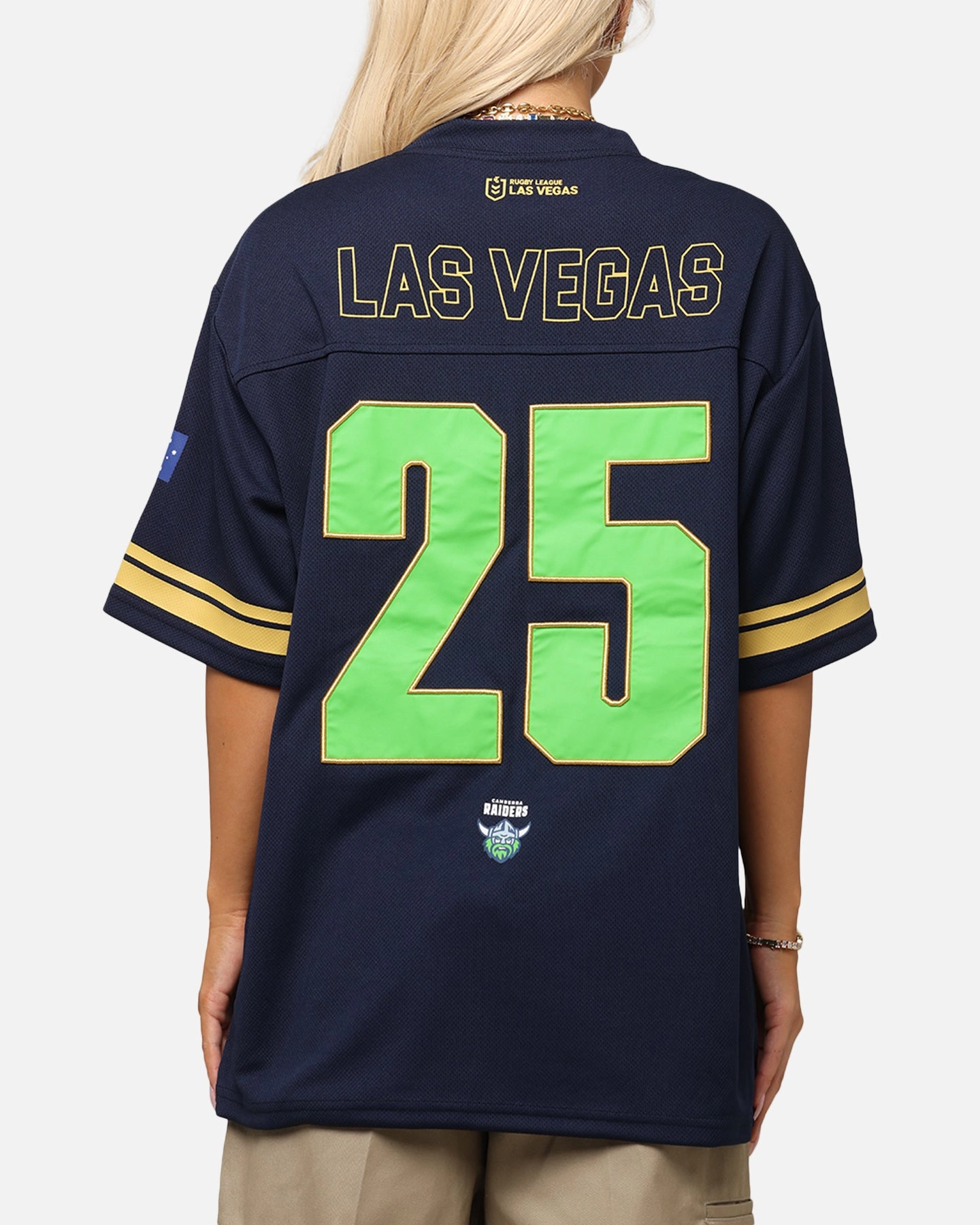 Bleacher Athletic Canberra Raiders NRL 2025 Las Vegas Round Grid Iron T-Shirt Official Team Colour